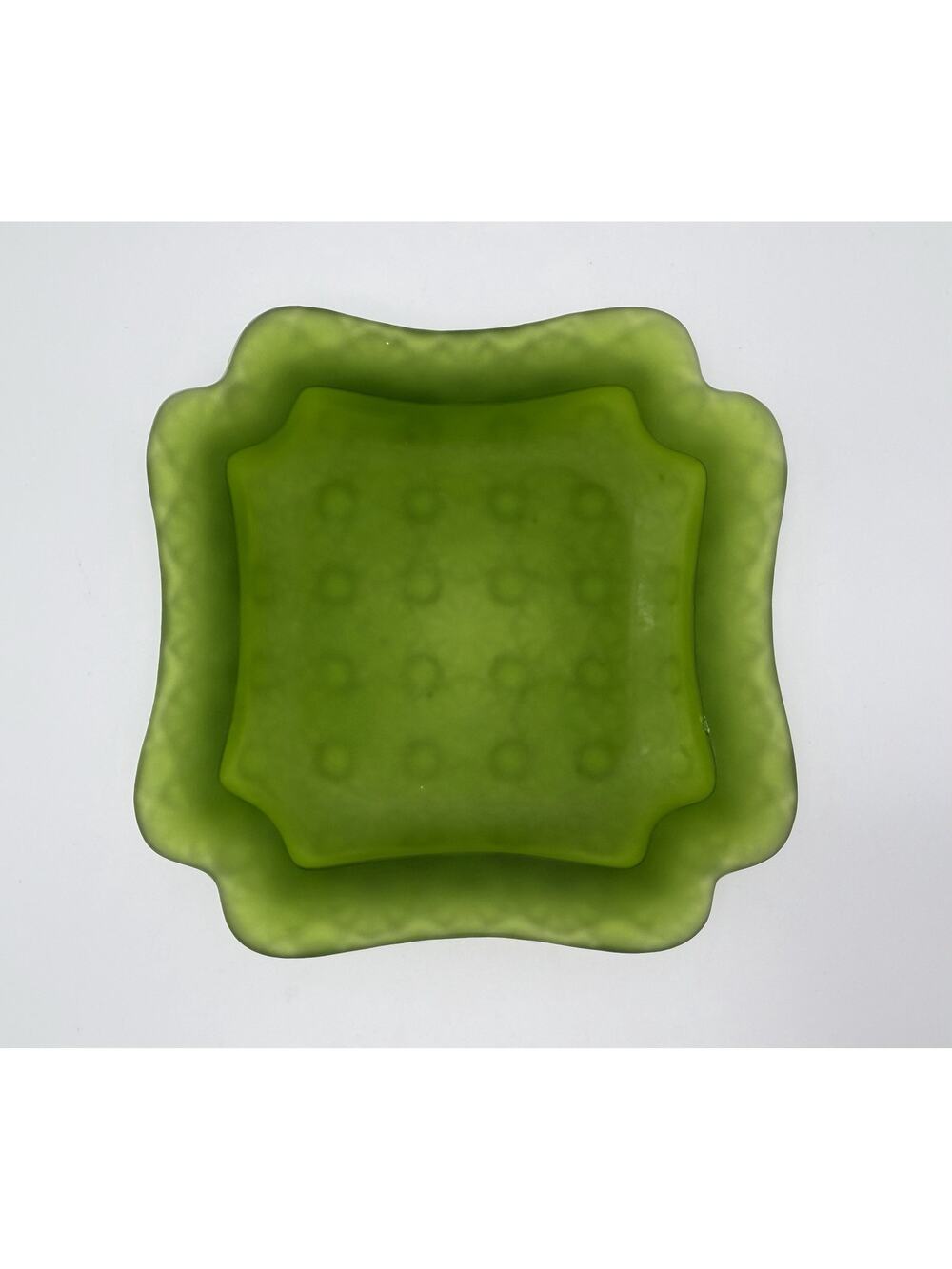 Vintage Fenton LE Smith Daisy & Button Green Satin Glass Ashtray Trinket Dish 6”